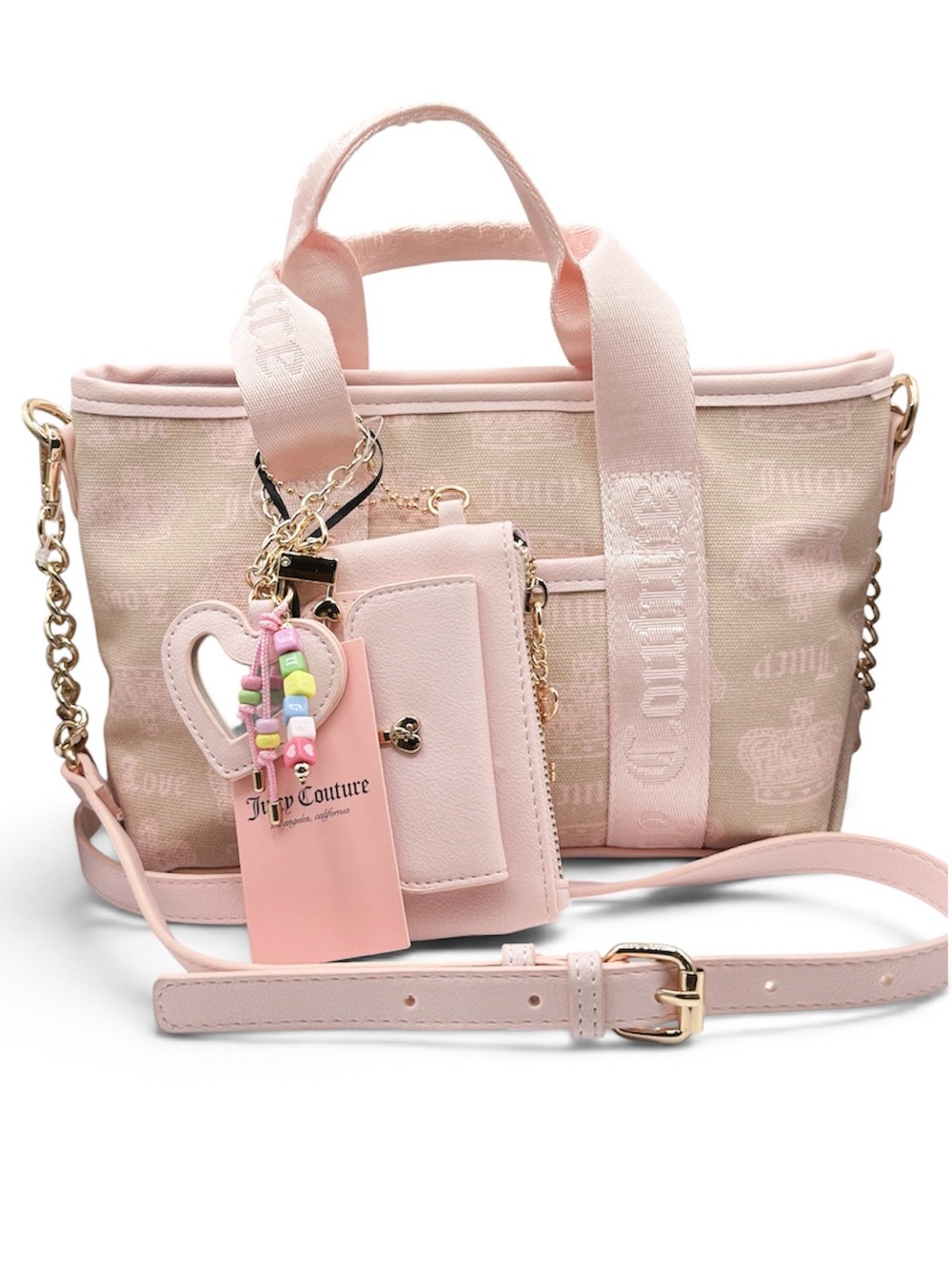 Juicy Couture Light Tan/Blush Mini Tote Crossbody w/ Wallet Charm Set NWT